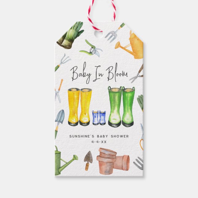 Étiquettes-cadeau Bébé En Fleur Bleu Pluie Bottes Jardinage (Devant)