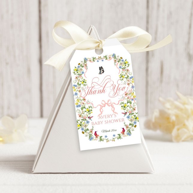 Étiquettes-cadeau Bébé en Fleur Bow rose Baby shower Floral Fille (Créateur téléchargé)