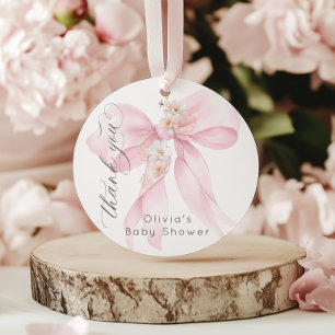 Étiquettes Cadeau Bébé en fleurs rose tendre Nœud floral Merci