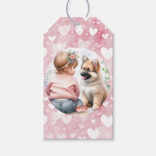 Étiquettes-cadeau Bébé fille et Baby shower rose chiot (Devant)