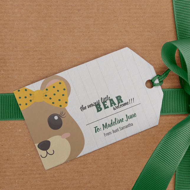 Étiquettes-cadeau Bébé Fille Ours Vert & Or (Créateur téléchargé)