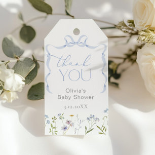Étiquettes-cadeau Bébé Fleur sauvage de boue bleue en Merci fleuri