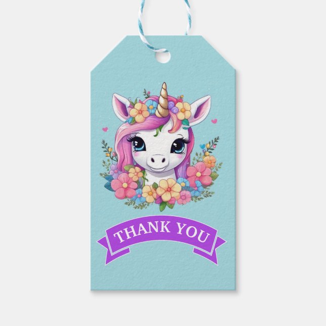 Étiquettes-cadeau Bébé magique licorne avec fleurs (Devant)