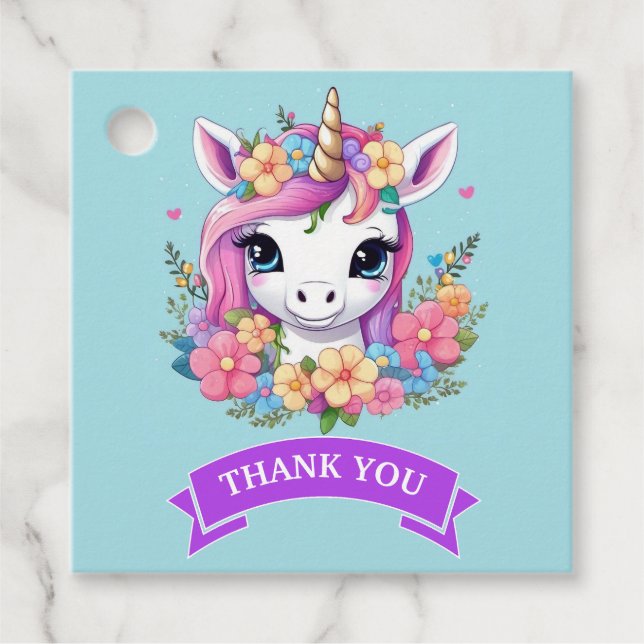 Étiquettes Cadeau Bébé magique licorne avec fleurs (Devant)