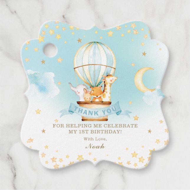 Étiquettes Cadeau Bébé mignon Animaux Hot Air Balloon Merci (Devant)