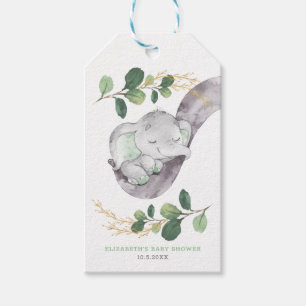 Étiquettes-cadeau Bébé mignon Eléphant Vert Or Jardin Douche