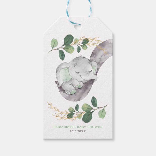 Étiquettes-cadeau Bébé mignon Eléphant Vert Or Jardin Douche (Devant)
