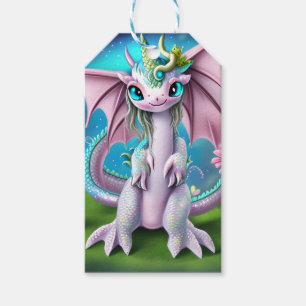 Étiquettes-cadeau Bébé mignon et souriant Dragon aux fleurs