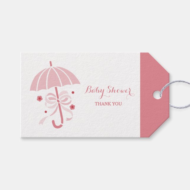 Étiquettes-cadeau Bébé mignon fille douche Merci parapluie rose (Devant (Horizontal))