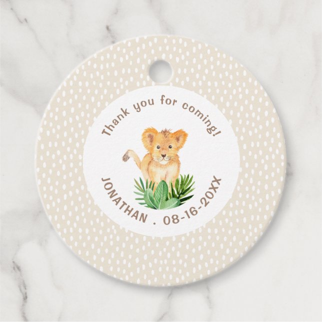 Étiquettes Cadeau Bébé mignon Lion Jungle Pluie Merci Anniversaire (Devant)
