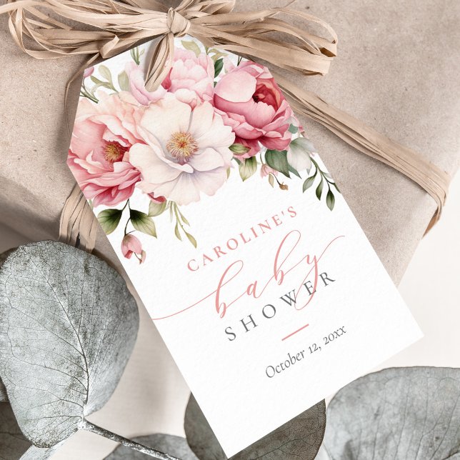 Étiquettes-cadeau Bébé rose Floral En Fleur Baby shower Fille (Créateur téléchargé)