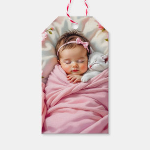 Étiquettes-cadeau Bébé rose floral fille et chaton blanc