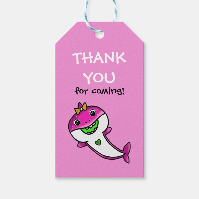 Étiquettes-cadeau Bébé rose mignon requin 1er anniversaire Merci (Devant)