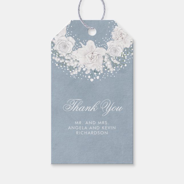 Étiquettes-cadeau Bébé souffle et Mariage bleu poussiéreux (Devant)