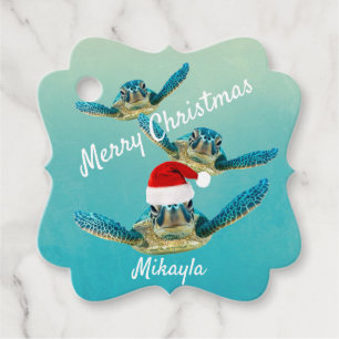 Étiquettes Cadeau Bébé tortue de mer à Santa Hats