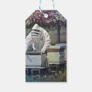 Étiquettes-cadeau Beekeeper Tending Honey Bee Boxes Aquarelle Art