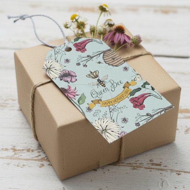 Étiquettes-cadeau Belle Fête des Mères Reine Abeille, Fleurs & Photo (Cute Floral Mother's Day Queen Bee Gift Tags. Elegant Flowers, Bees, Beehive, Queen Bee Mint Pattern)