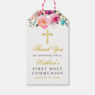 Étiquettes-cadeau Belle florale rose Première Sainte Communion
