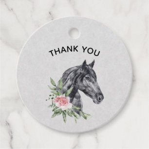 Étiquettes Cadeau Belle tête de cheval noir Portrait d'aquarelle