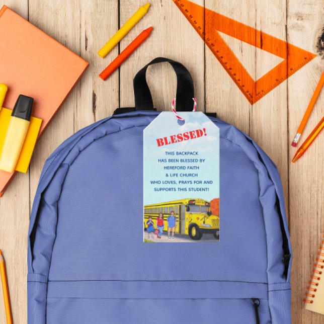 Étiquettes-cadeau Bénédiction de l'église de bus de l'école de sacs  (Créateur téléchargé)