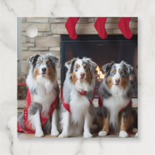 Étiquettes Cadeau Berger Australien au coin du feu de Noël