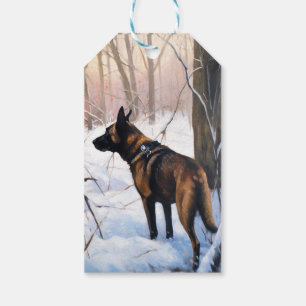 Étiquettes-cadeau Berger belge Malinois laisse tomber la neige Noël