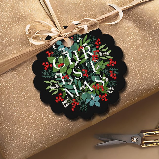 Étiquettes Cadeau Berries vertes NOËL Typographie Noir (CHRISTMAS Greenery Berries Holiday Black Favor Tags)