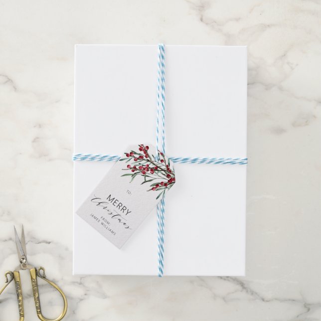 Étiquettes-cadeau Berry d'hiver Script Joyeux Noël (Avec de laficelle)
