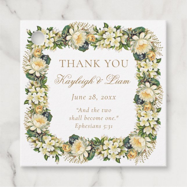 Étiquettes Cadeau Bible Blanche Florale Verse Mariage chrétien Favor (Devant)