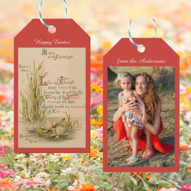 Étiquettes-cadeau Bible catholique chrétienne Verset Photo Pâques (Religious Christian Catholic Bible Verse Resurrection of Jesus Christ Family Photo Easter Gift Tags)