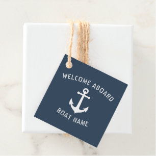 Étiquettes Cadeau Bienvenue à bord Nom du bateau Ancre nautique Blue