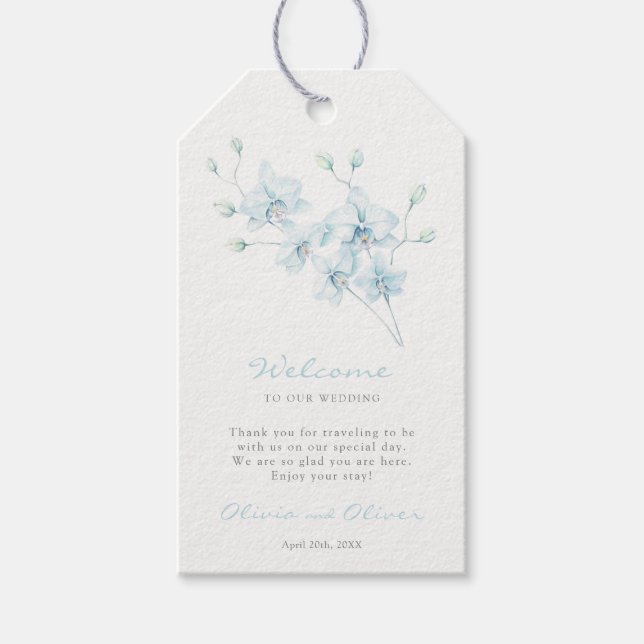 Étiquettes-cadeau Bienvenue au Mariage d'orchidée bleu doux (Devant)