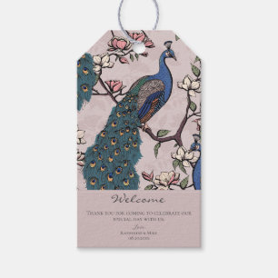 Étiquettes-cadeau Bienvenue Fleur de pêcher rose Paon floral