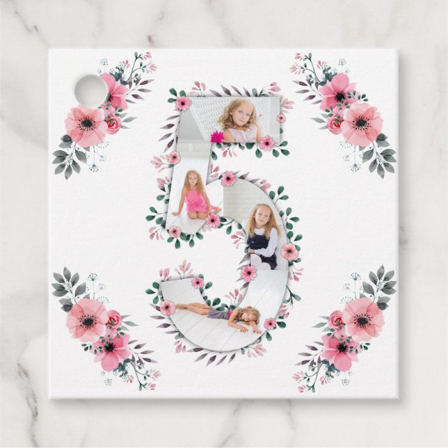 Étiquettes Cadeau Big 5th Birthday Girl Photo Collage Fleur rose (Devant)