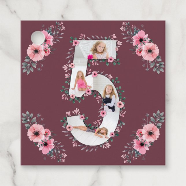 Étiquettes Cadeau Big 5th Birthday Girl Photo Collage Fleur rose (Devant)