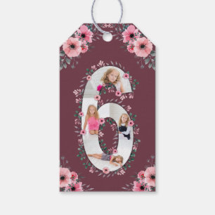 Étiquettes-cadeau Big 6th Birthday Girl Photo Collage Fleur rose
