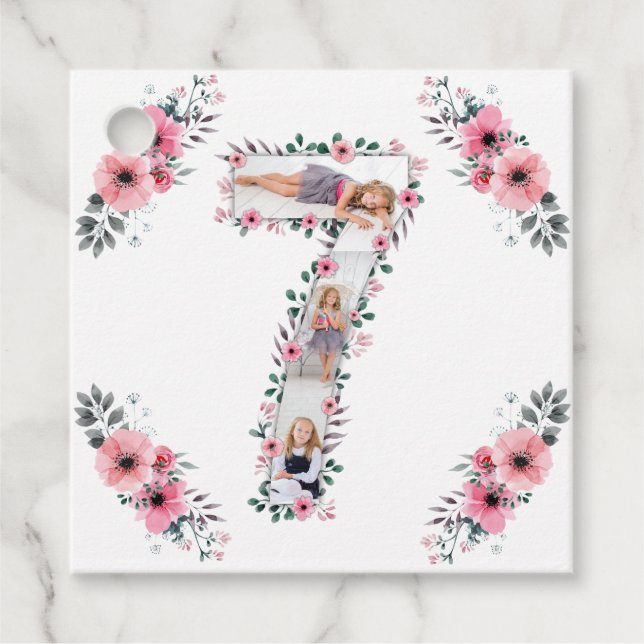 Étiquettes Cadeau Big 7th Birthday Girl Photo Collage Fleur rose (Devant)