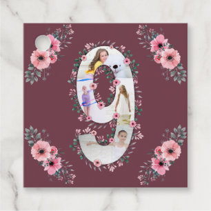 Étiquettes Cadeau Big 9th Birthday Girl Photo Collage Fleur rose