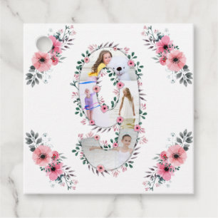 Étiquettes Cadeau Big 9th Birthday Girl Photo Collage Fleur rose