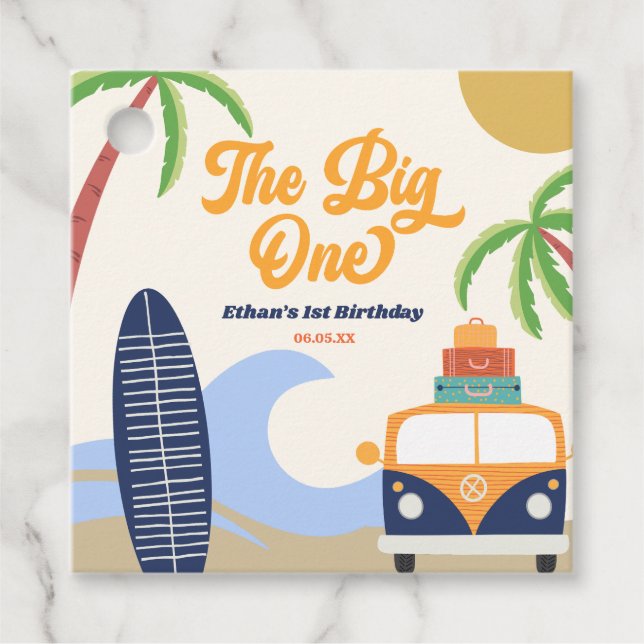 Étiquettes Cadeau Big One Beach Surf 1er anniversaire (Devant)