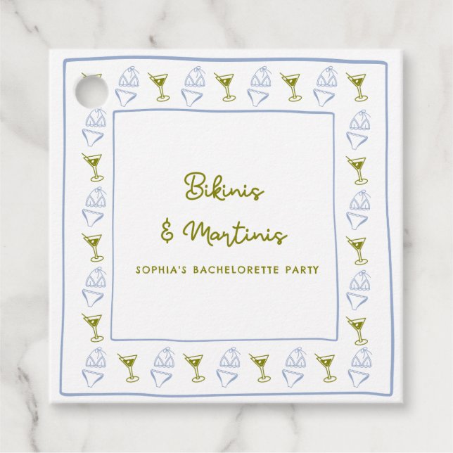Étiquettes Cadeau Bikinis & Martinis Blue Olive Bachelorette (Devant)