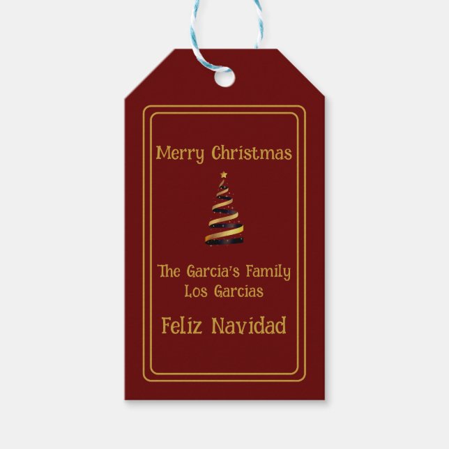 Étiquettes-cadeau Bilingue Feliz Navidad Noël Rouge et or (Devant)