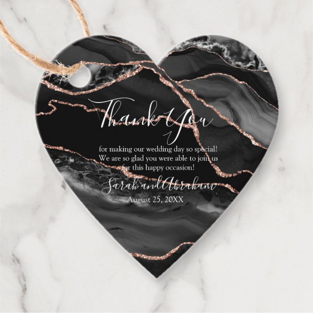 Étiquettes Cadeau Black Agate Rose Gold Parties scintillant Mariage  (Devant)