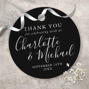 Étiquettes Cadeau Black And White Script Wedding Thank You