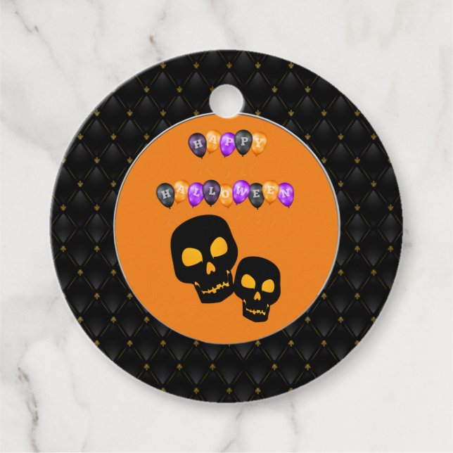 Étiquettes Cadeau Black Boarder Black Skuls Happy Halloween Balloon (Devant)