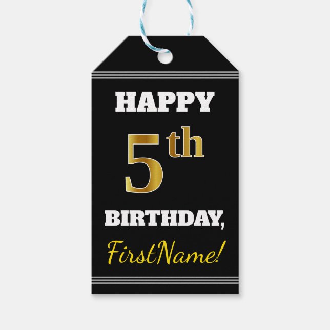 Étiquettes-cadeau Black, Faux Gold 5e anniversaire + Nom personnalis (Devant)