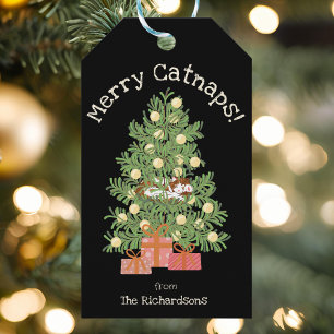 Étiquettes-cadeau Black Merry Catnaps ! Chat mignon sur l'arbre de N