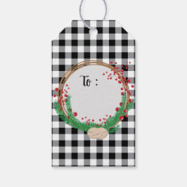 Étiquettes-cadeau Black White Buffalo Check and Berries Christmas