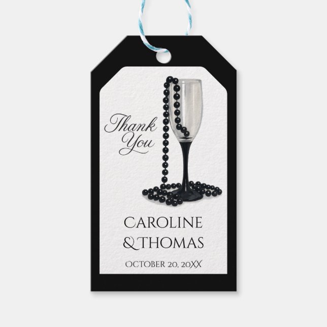 Étiquettes-cadeau Black & White Pearl Champagne Glass Wedding (Devant)