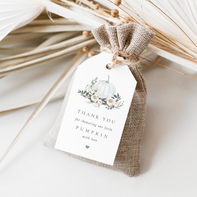 Étiquettes-cadeau Blanc Automne Citrouille Vert Baby shower Favorise (Créateur téléchargé)